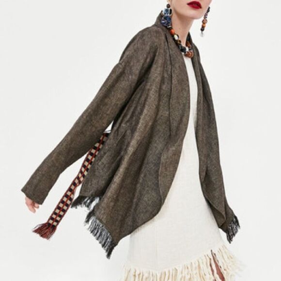 ZARA Boho Linen Wrap Cardigan Blazer Jacket Brown XS/S - Picture 5 of 14